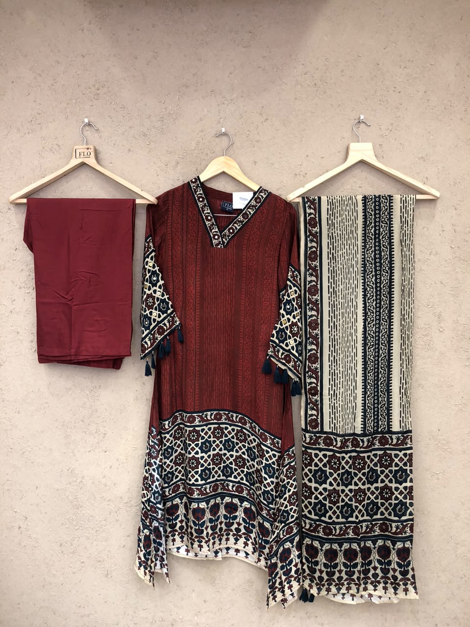 Pure crape Ajrakh print A line pattern three piece set (C807)