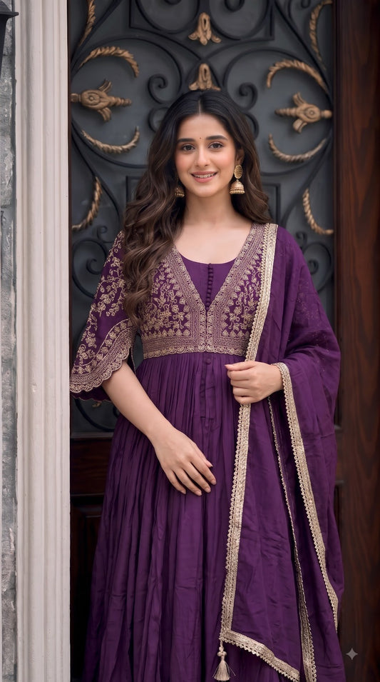 Pure chinnon heavy gown with dupatta two piece set (C820) (length 55 to 56 inch)