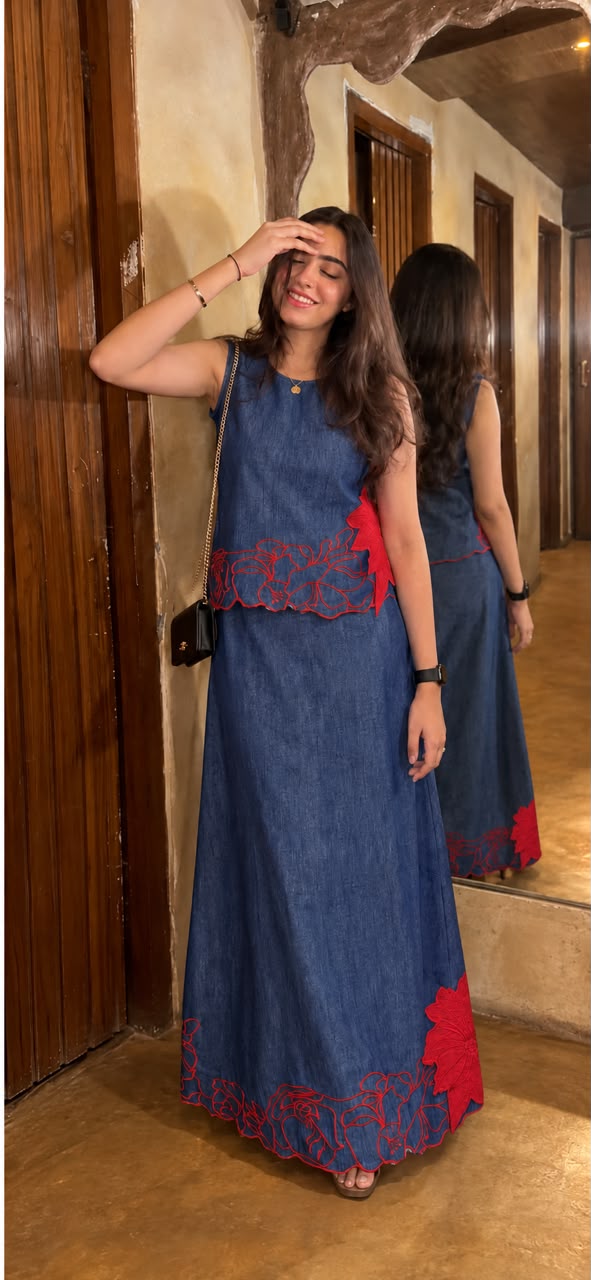 Denim stylish with skirt two piece cordset (C809)