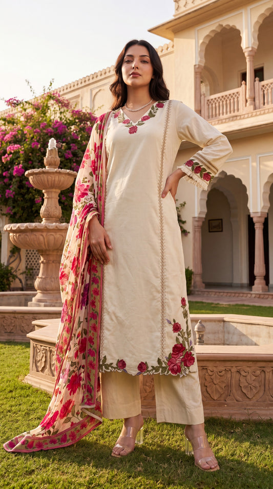 Cotton with full thread work and paired with organza dupatta three piece set (B510)