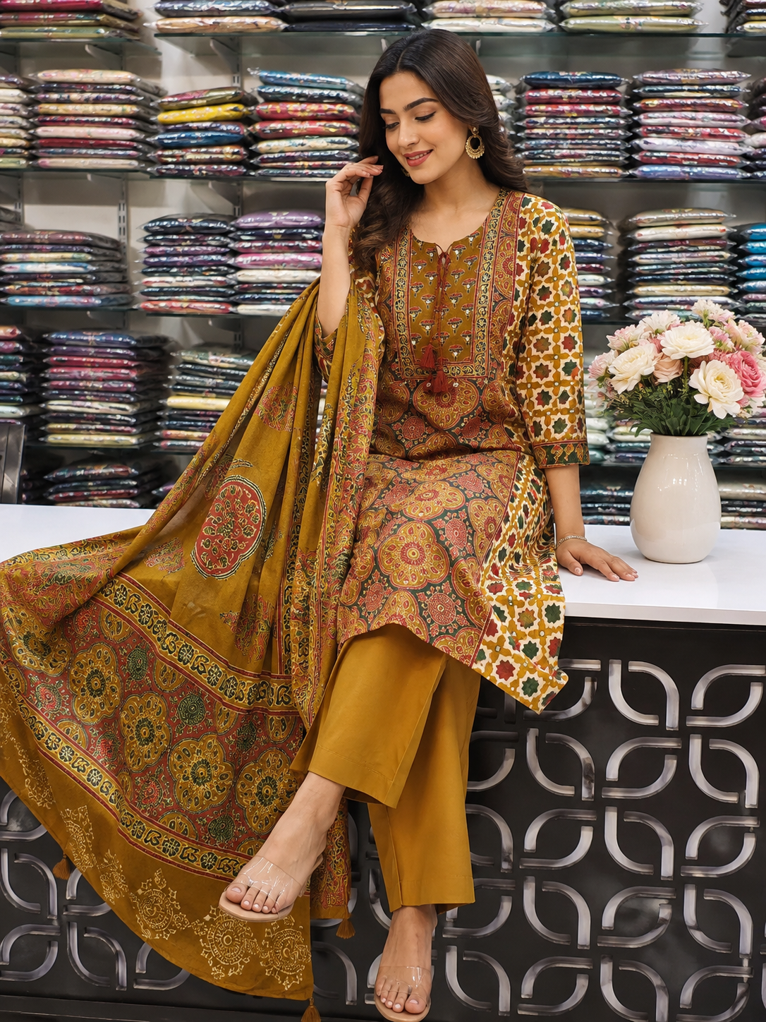 Pure mul silk ajrakh print three piece set (C393)