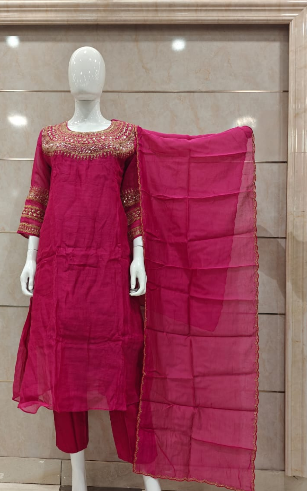 Rani pink pure mul chanderi with hand work three piece set (P2032)