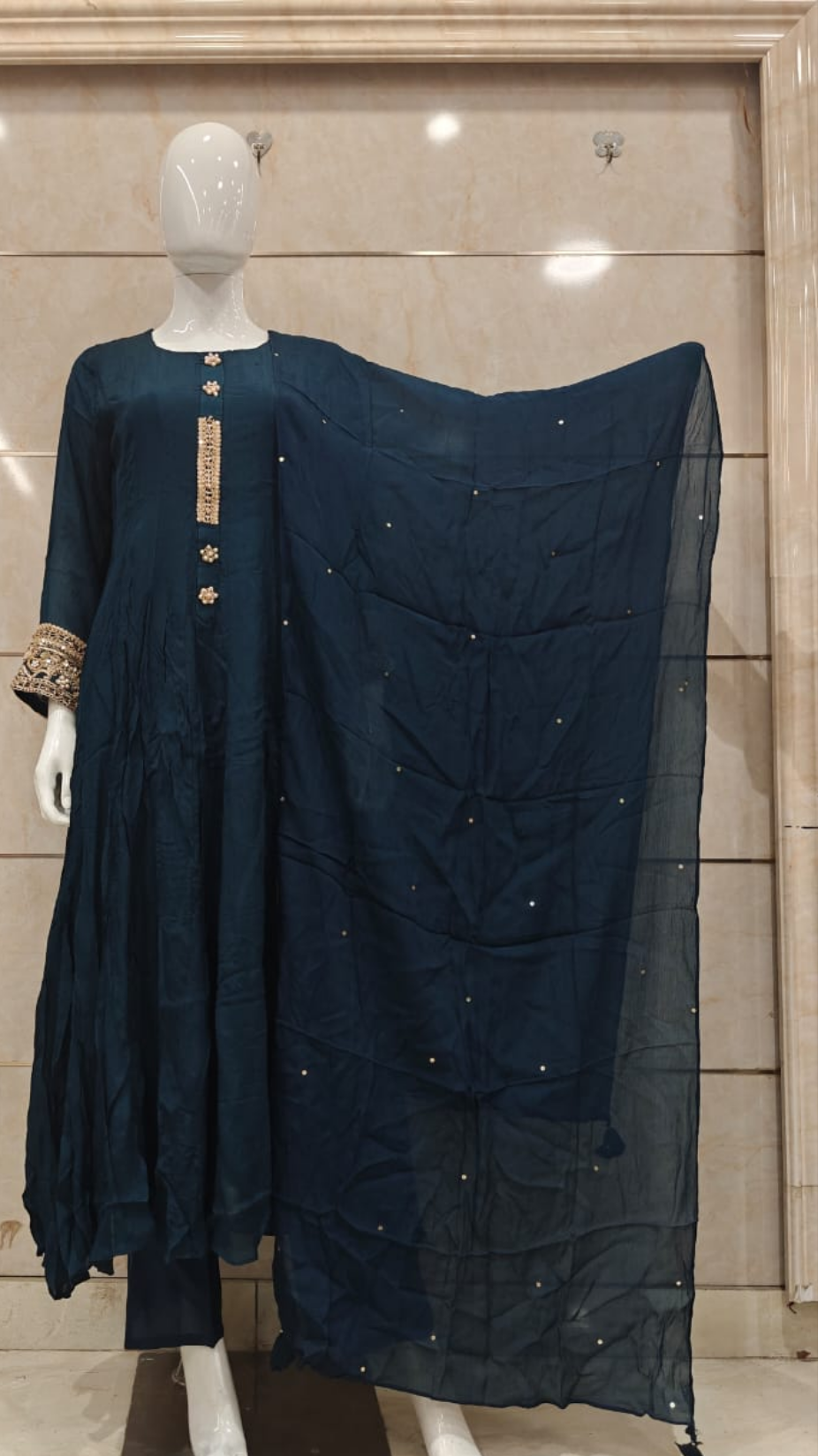 Blue pure chinnon full hand work three piece set (P2020)