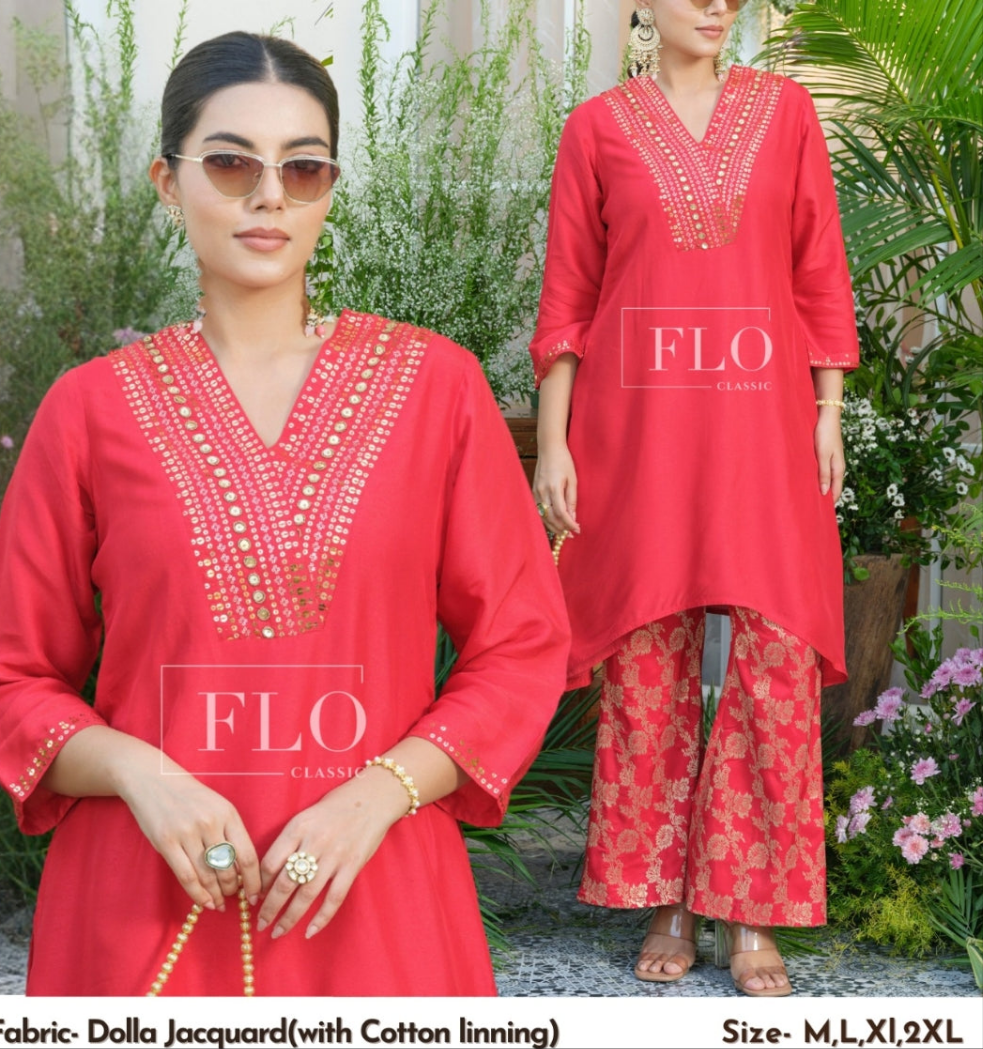 Red pure silk with brocade pant two piece cordset (A1052)