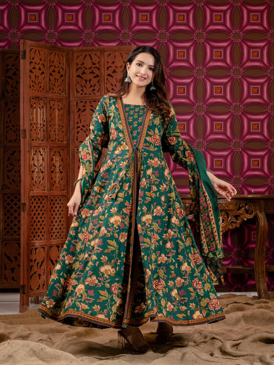 Green kalamkari pure cotton three piece set (P1992)