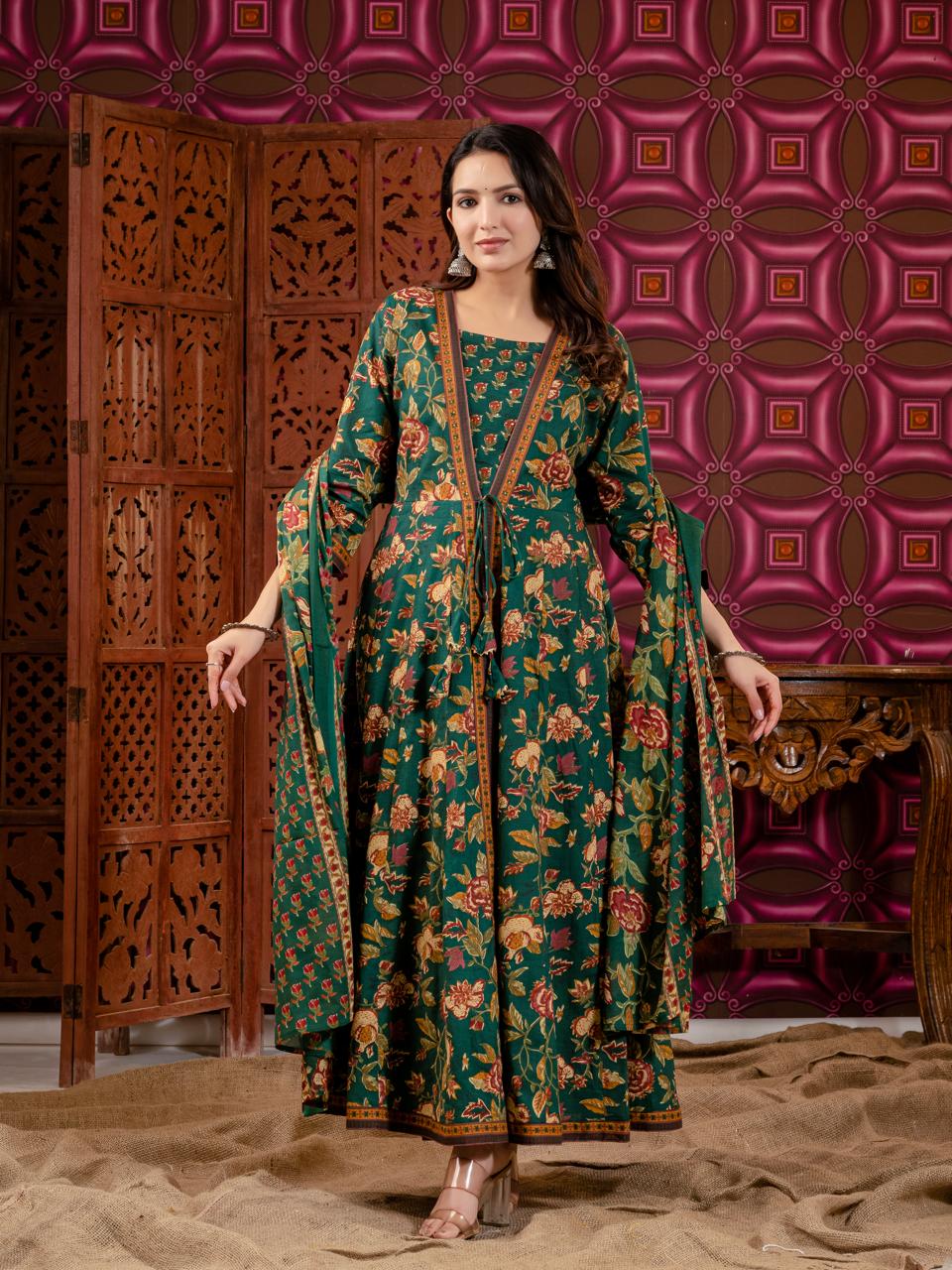 Green kalamkari pure cotton three piece set (P1992)