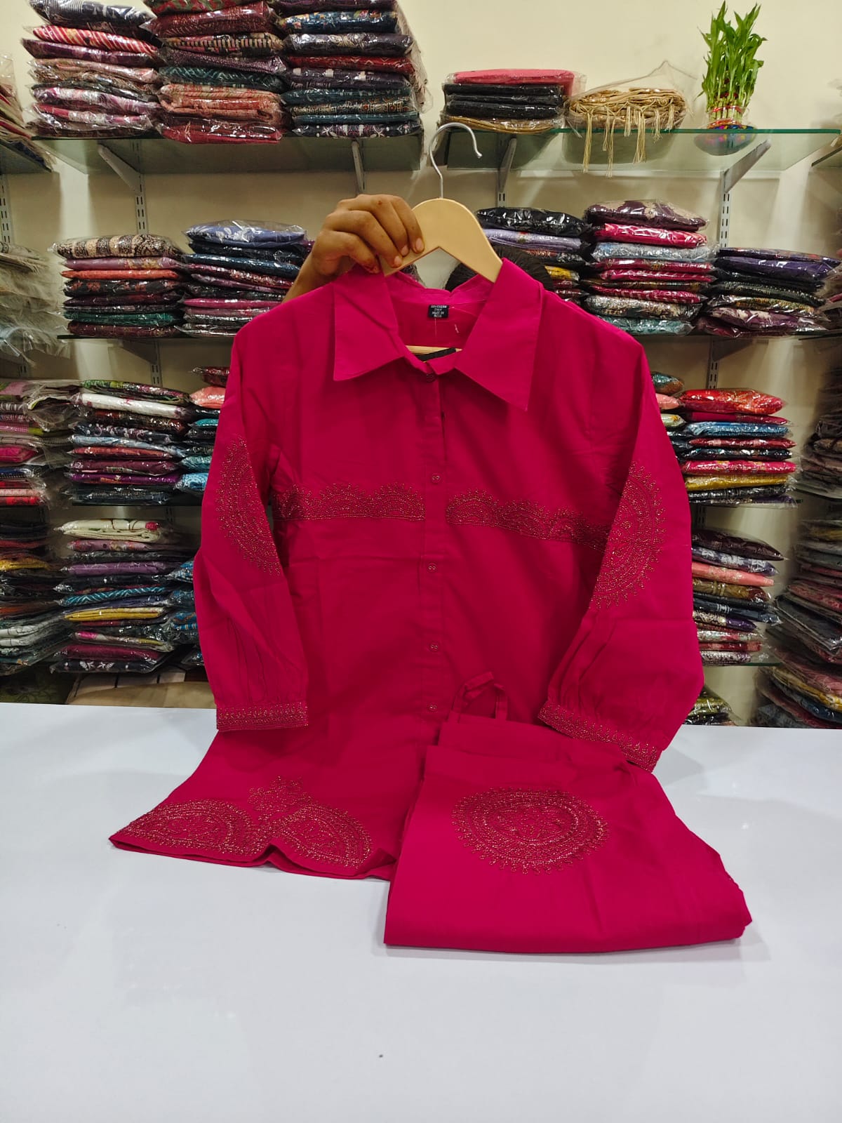 Rani pink fully embroidered two piece cordset (A414)