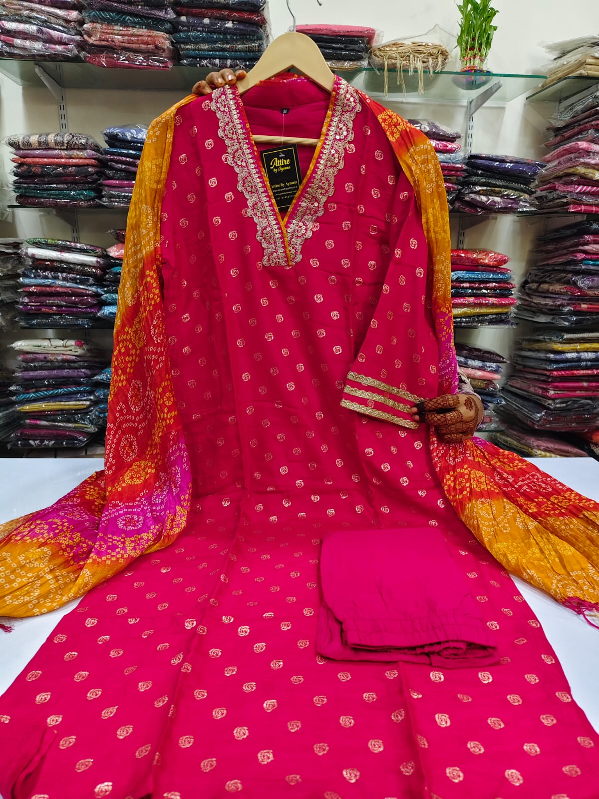 Rani pink banarasi with mul lining designer three piece set (A500)