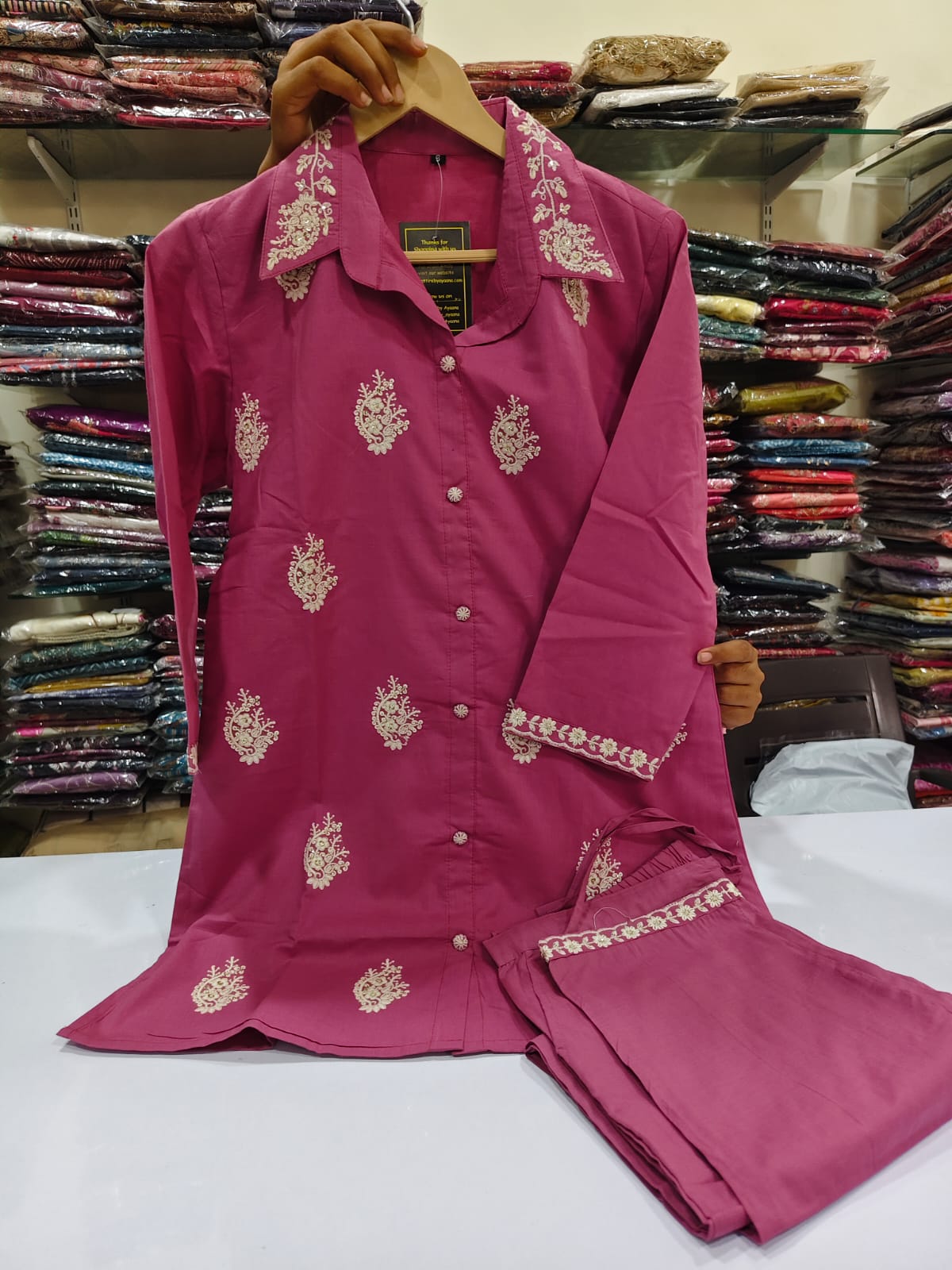 Onion pink fully embroidered two piece cordset (A177)
