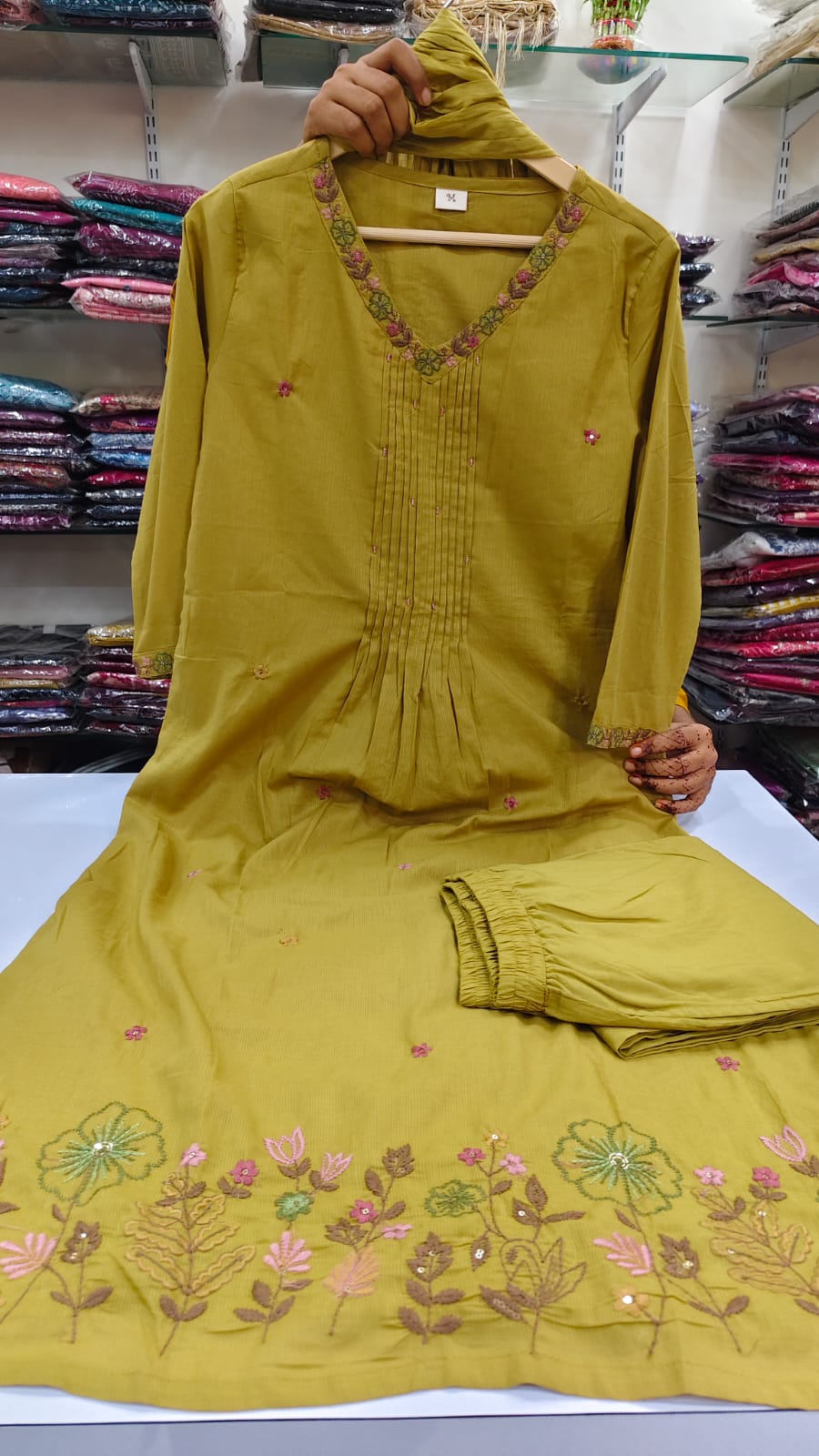 Lime yellow pure cotton three piece set (A586)