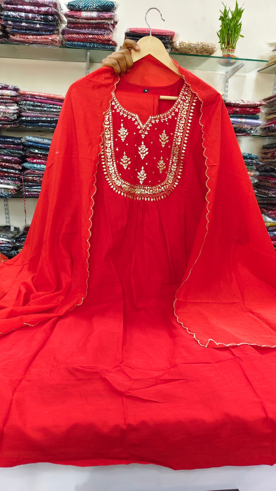 Red pure muslin three piece set (A645)