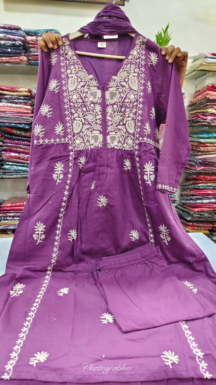 Purple pure cotton chikankari Aline pattern three piece set (A739)