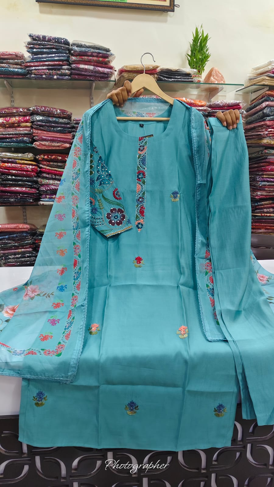 Pure muslin with organza duppta three piece set (A1200)