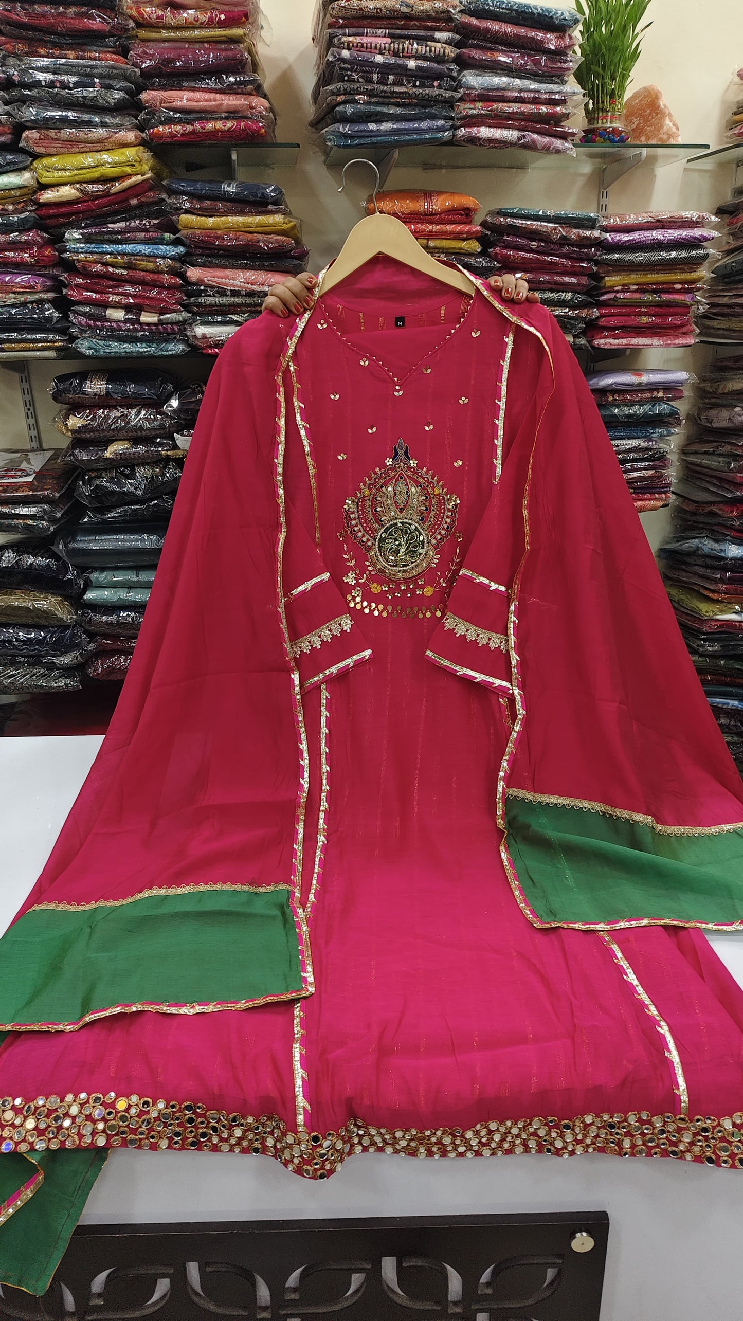 Pure mul chanderi with real mirror three piece set (A1316)