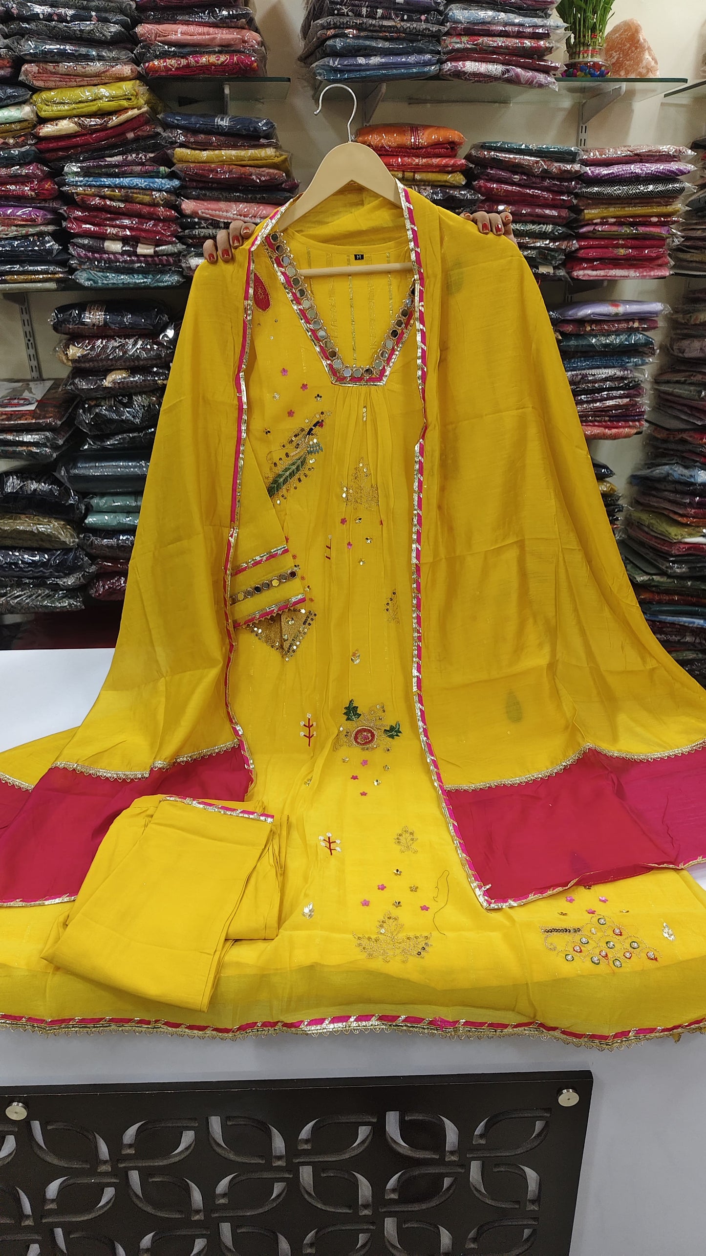 Yellow pure mul chanderi with lurex lining three piece set (A1317)