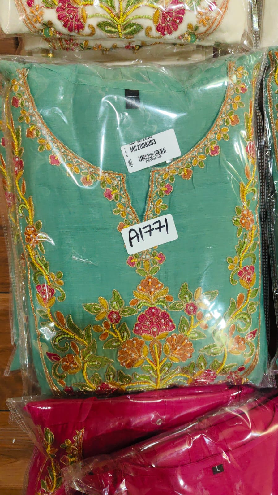 Pure mul chanderi full hand work three piece set (A1771)