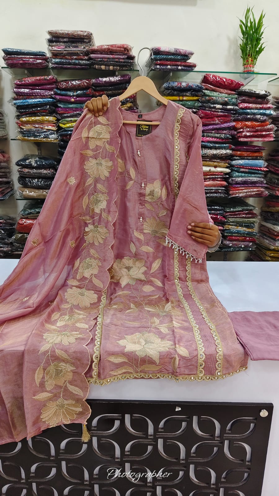 Purple pure tissue with full thread work three piece set (A1566)