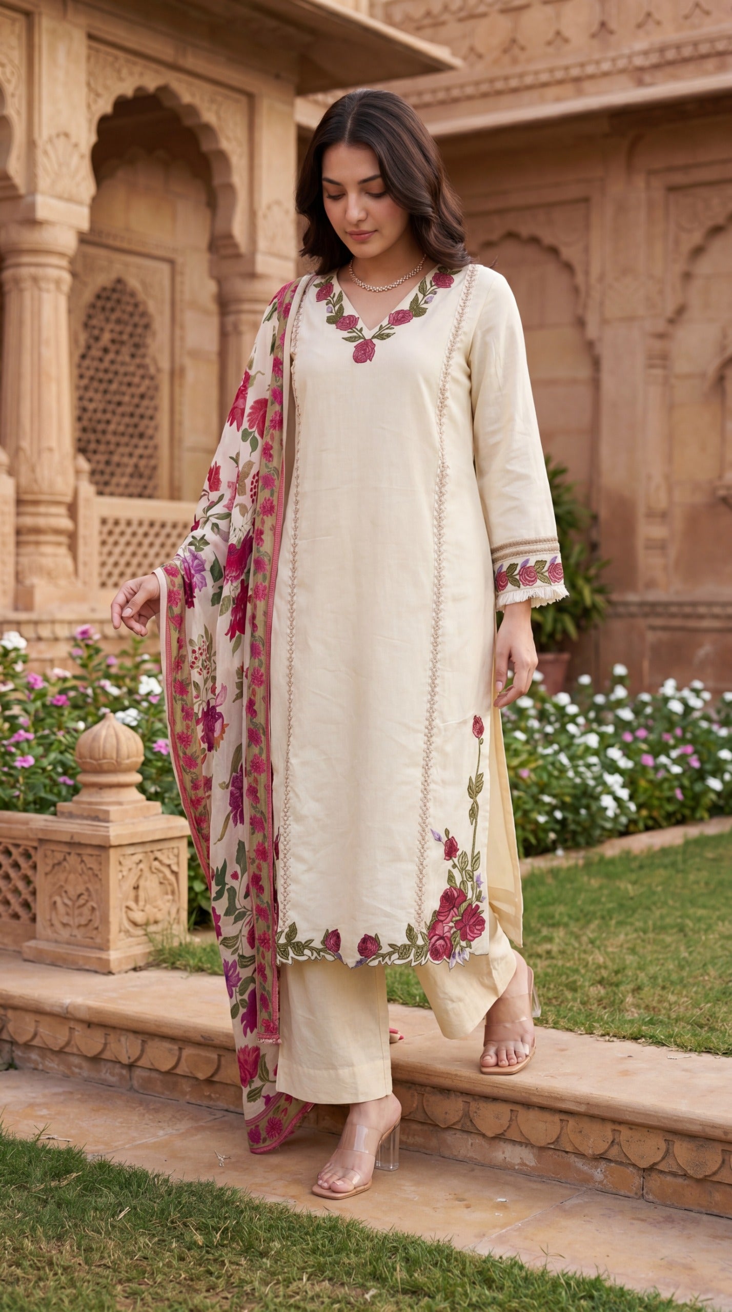 Cotton with full thread work and paired with organza dupatta three piece set (B510)