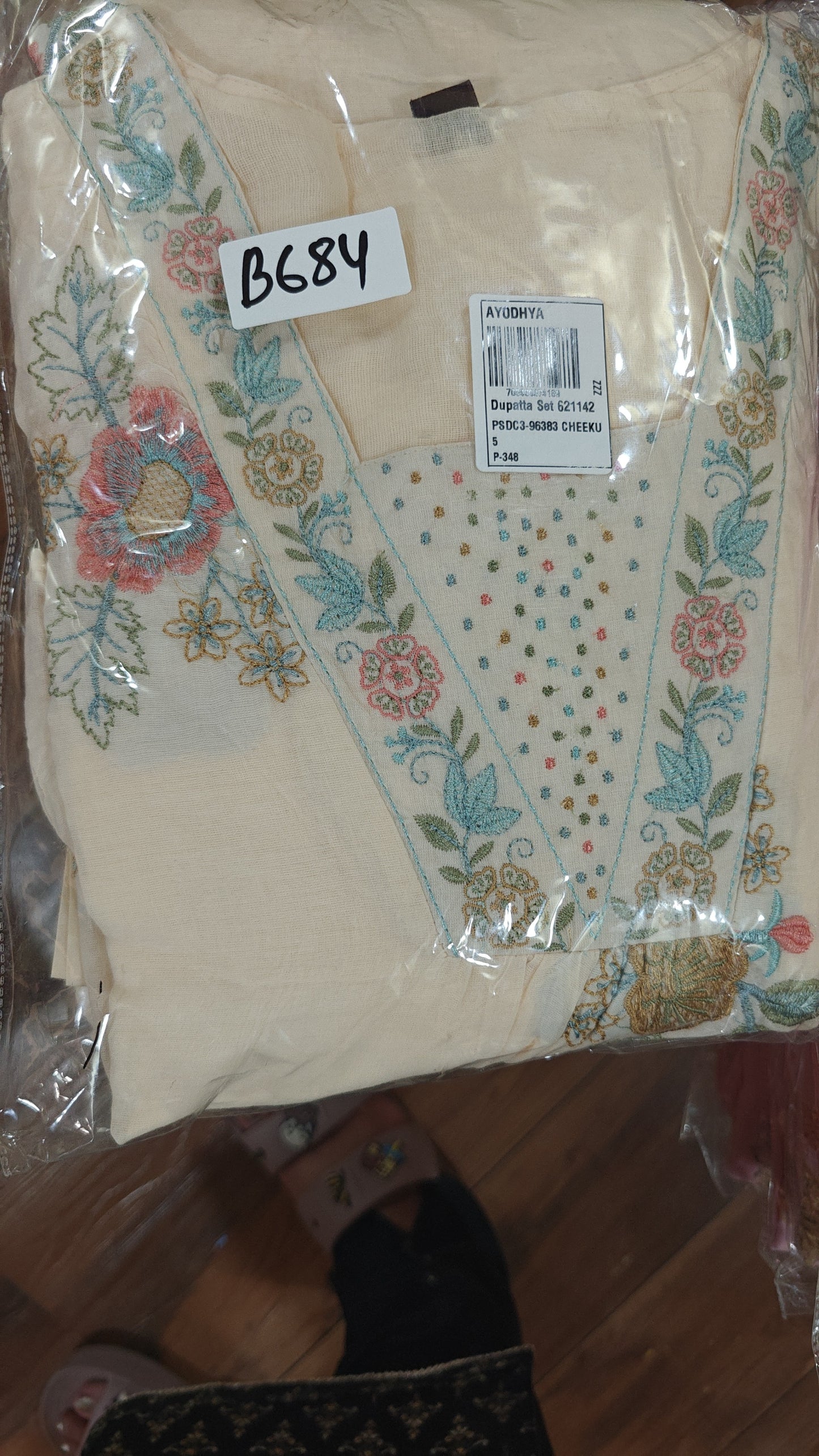 Cotton with lining full thread work three piece set (B684)