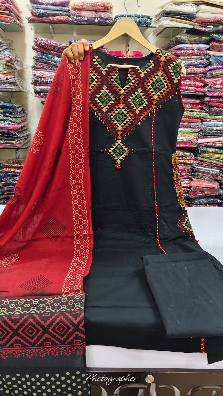 Cotton with Fully thread work additional half sleeves three piece set (B769)