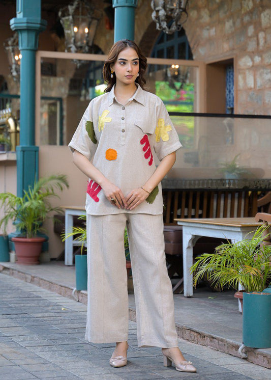 Jute linen with applique work two piece cordset (B957)