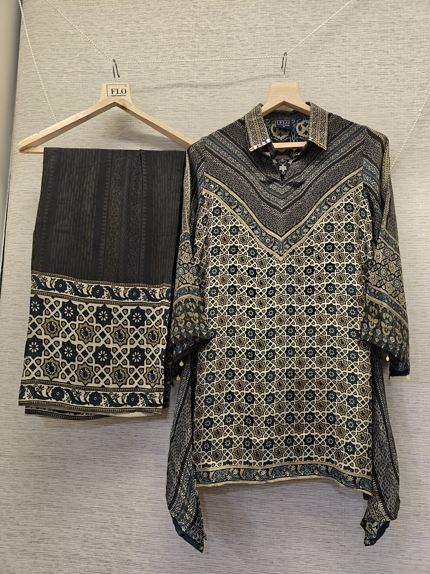 Pure crape Ajrakh print two piece cordset (B954)