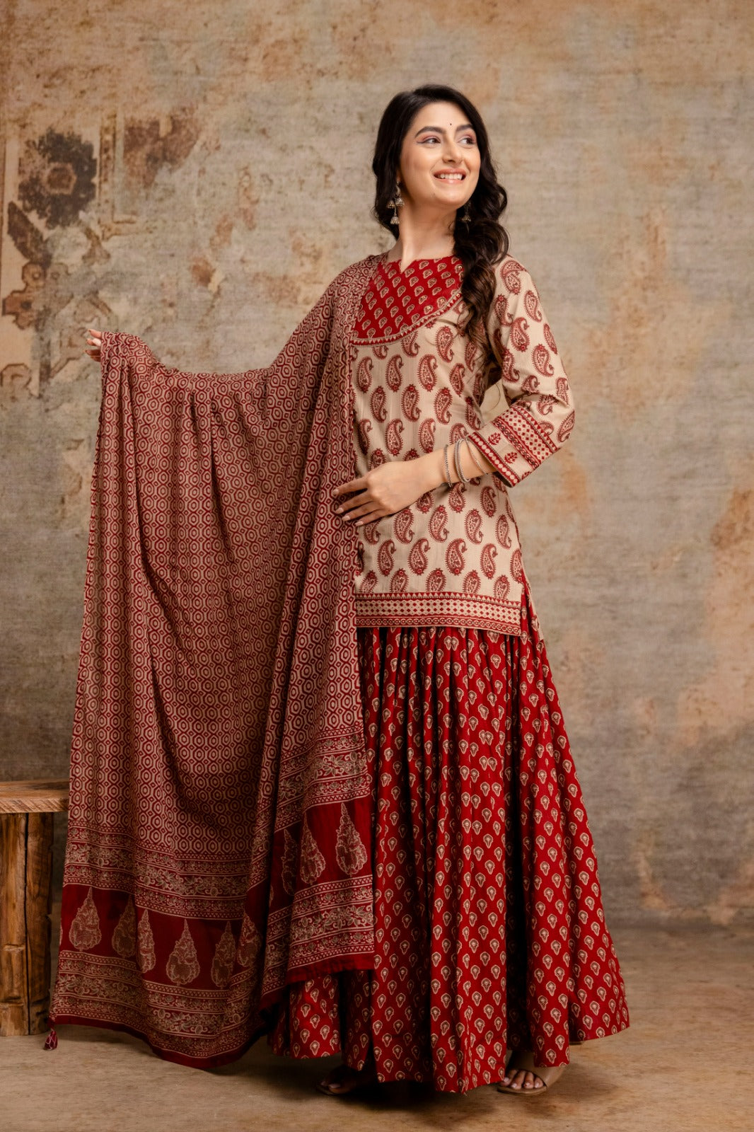 Pure cotton flared skirt with top and dupatta three piece set (S203)