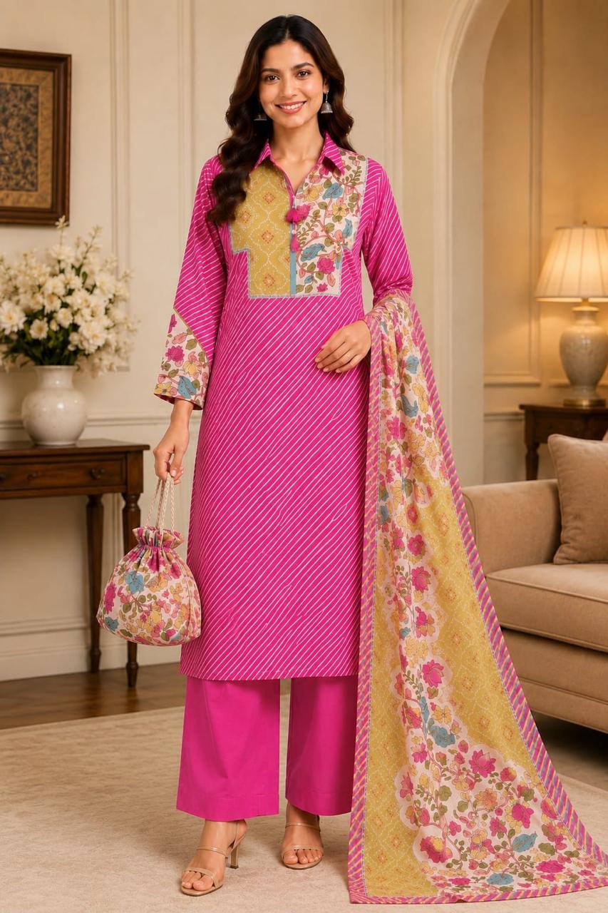 Pure muslin with kalamkari dupatta and potli too three piece set (C253)