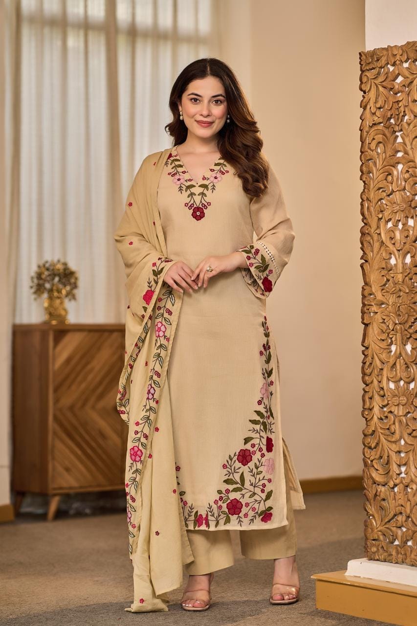 Crush cotton fully embroidered three piece set (C459)