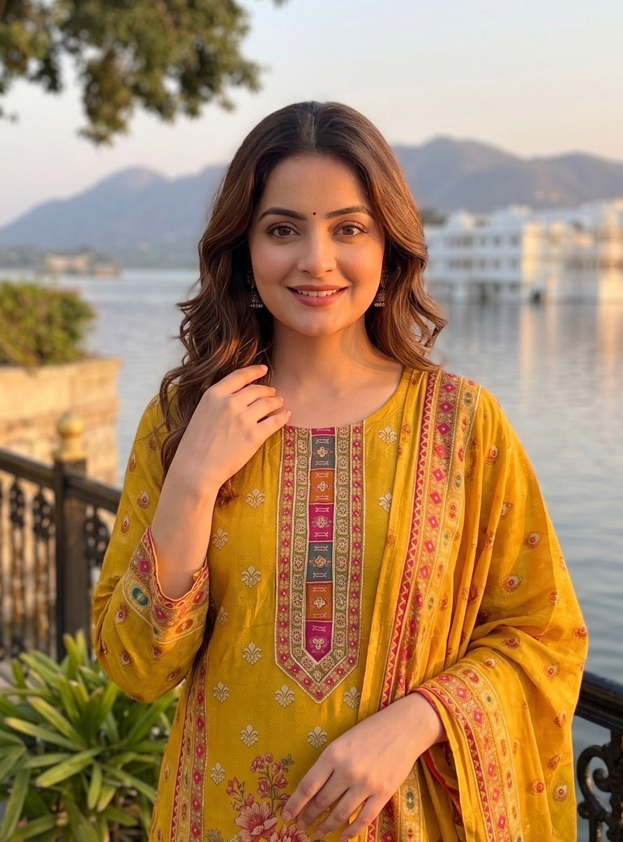 Pure muslin with mul lining designer silk three piece set (C383)