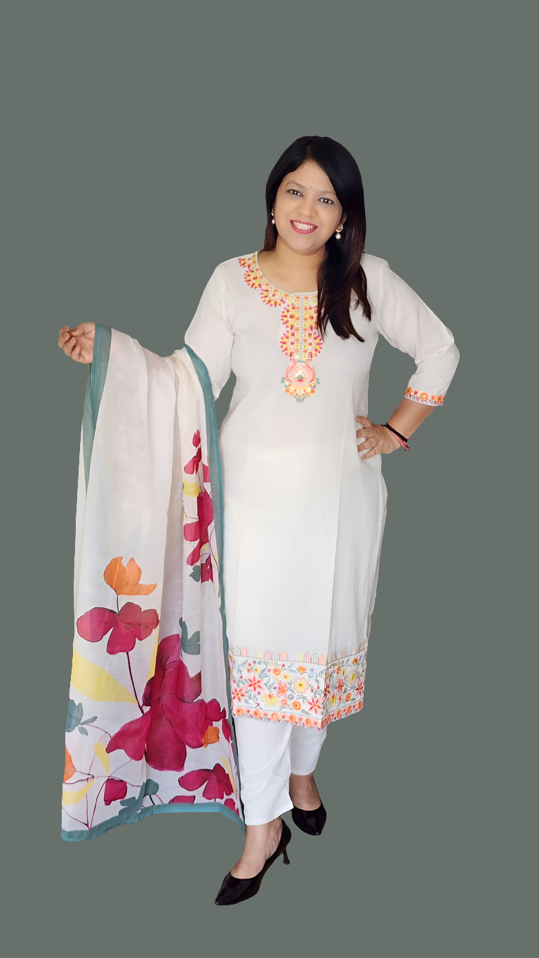 Designer fully thread work with linen dupatta three piece set (P2103)