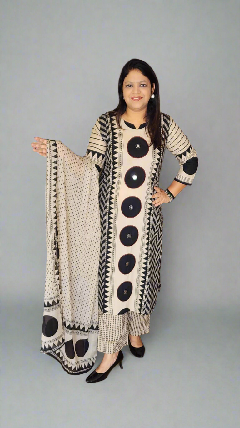 Black digital print pure cotton three piece set (A442)