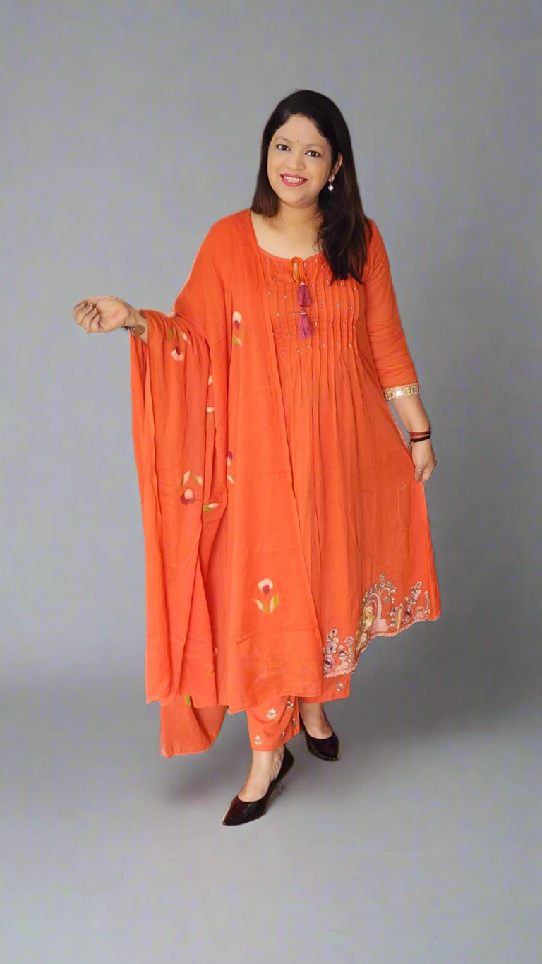 Orange pure cotton full thread work full lining three piece set (P2057)