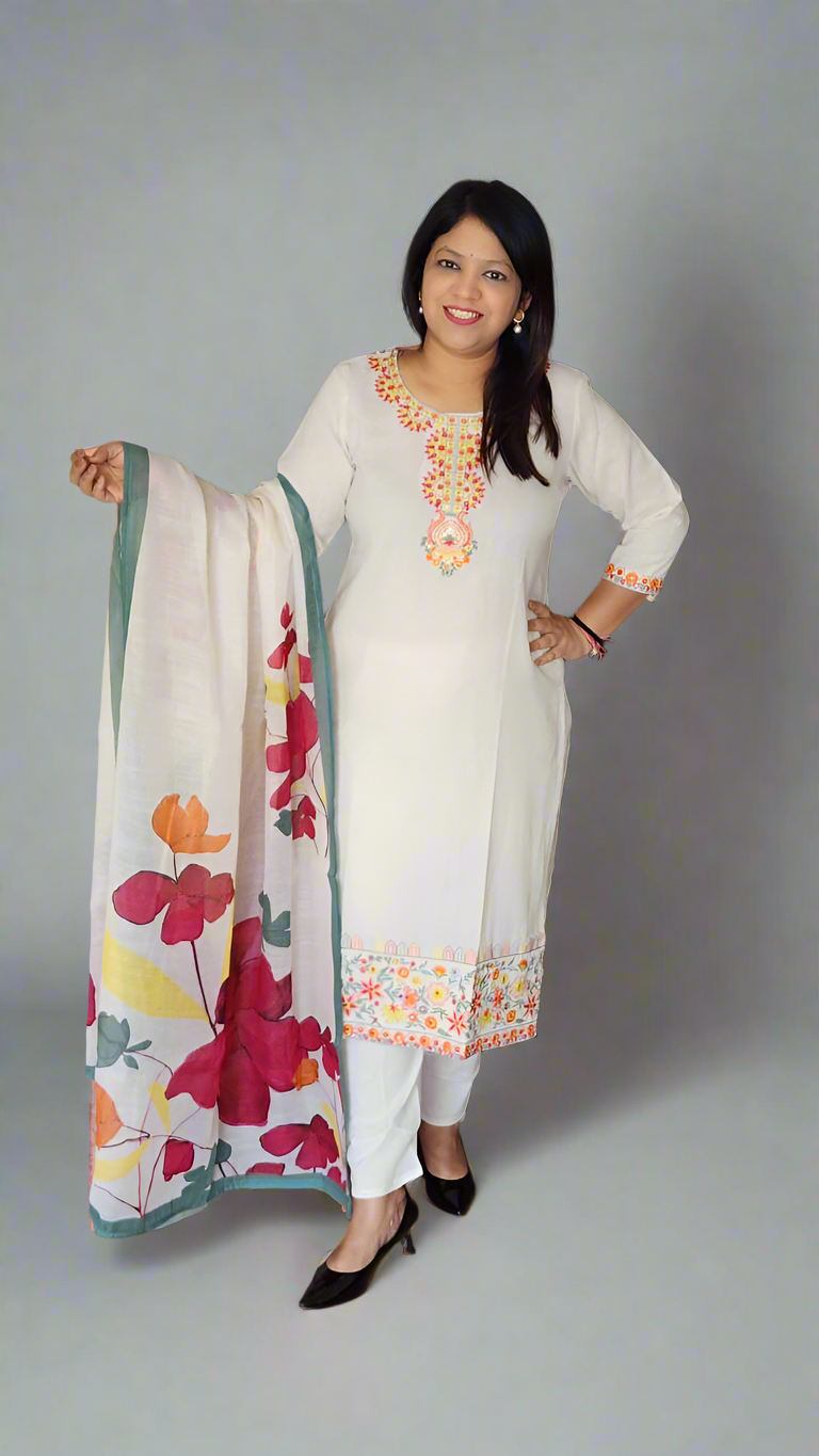 Designer fully thread work with linen dupatta three piece set (P2103)