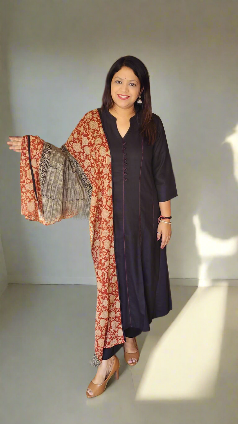 Black pure cotton linen A line with kalamkari dupatta fully elastic bottom (P2060)