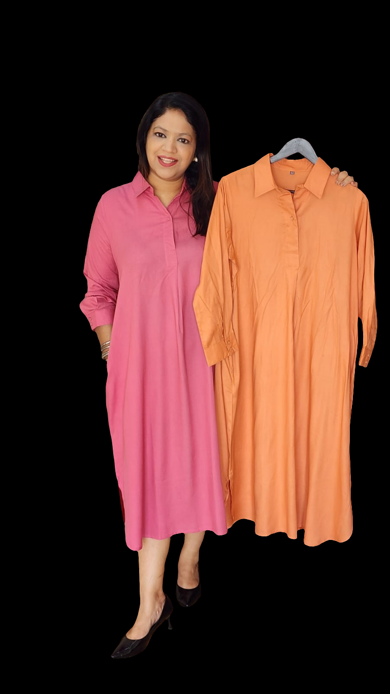 Light orange solid colour cotton modal one piece dress (P2117)