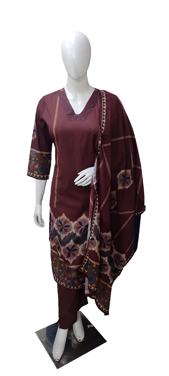Mahroon pure cotton three piece set (P2092)