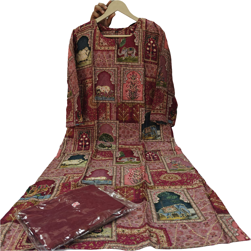 Pink cotton muslin full katha work pichwai work two piece set (P2119)