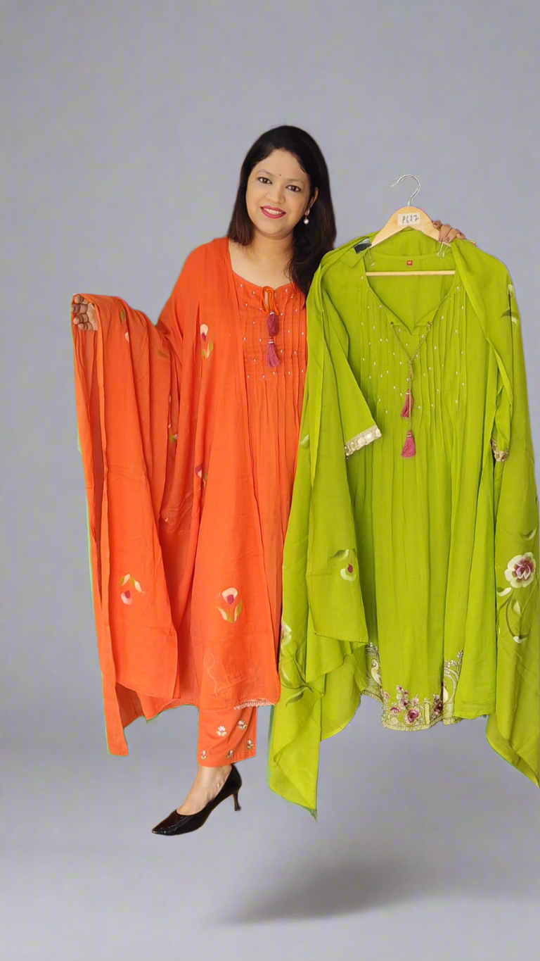 Neon green pure cotton full thread work full lining three piece set (P2056)
