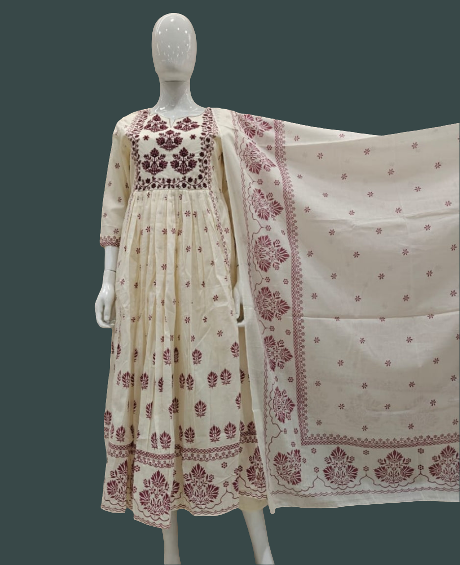 Off white with lining full thread work orginal block print pure cotton three piece set (P2105)