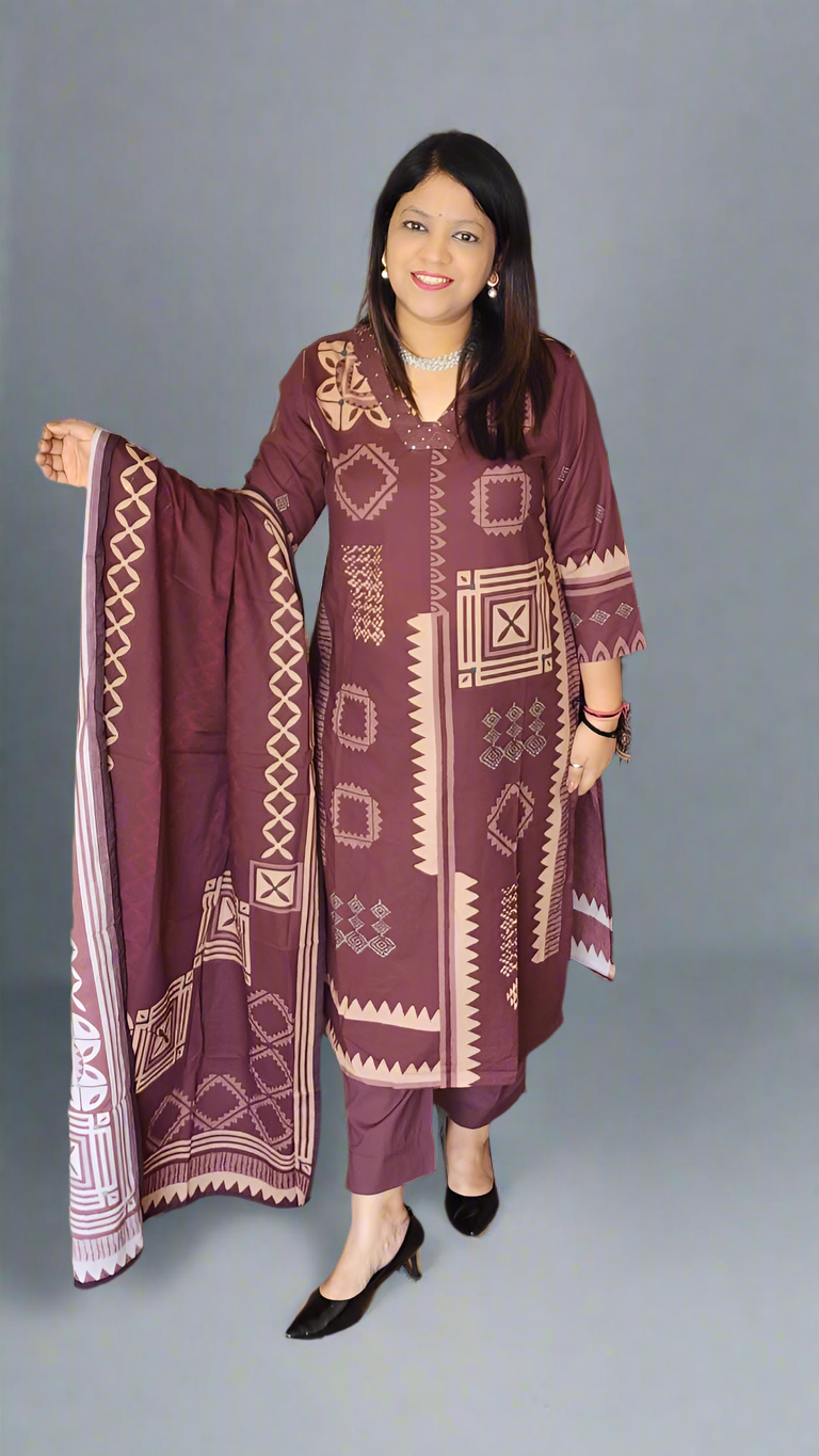 Dark brown pure cotton three piece set (P2095)
