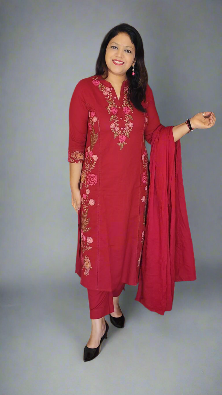 Dark pink fully thread work pure cotton three piece set (P2072)