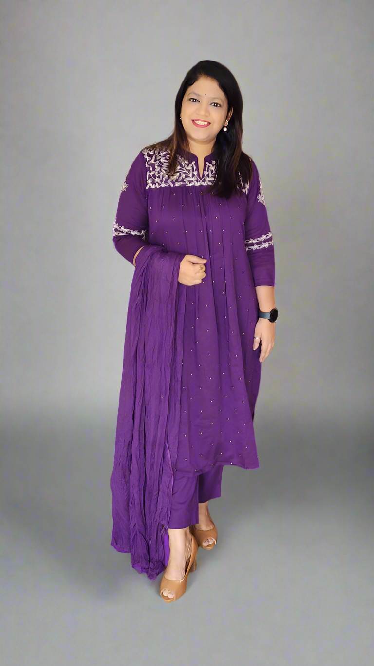 Purple pure cotton fully embroidered with lining three piece set (P2121)