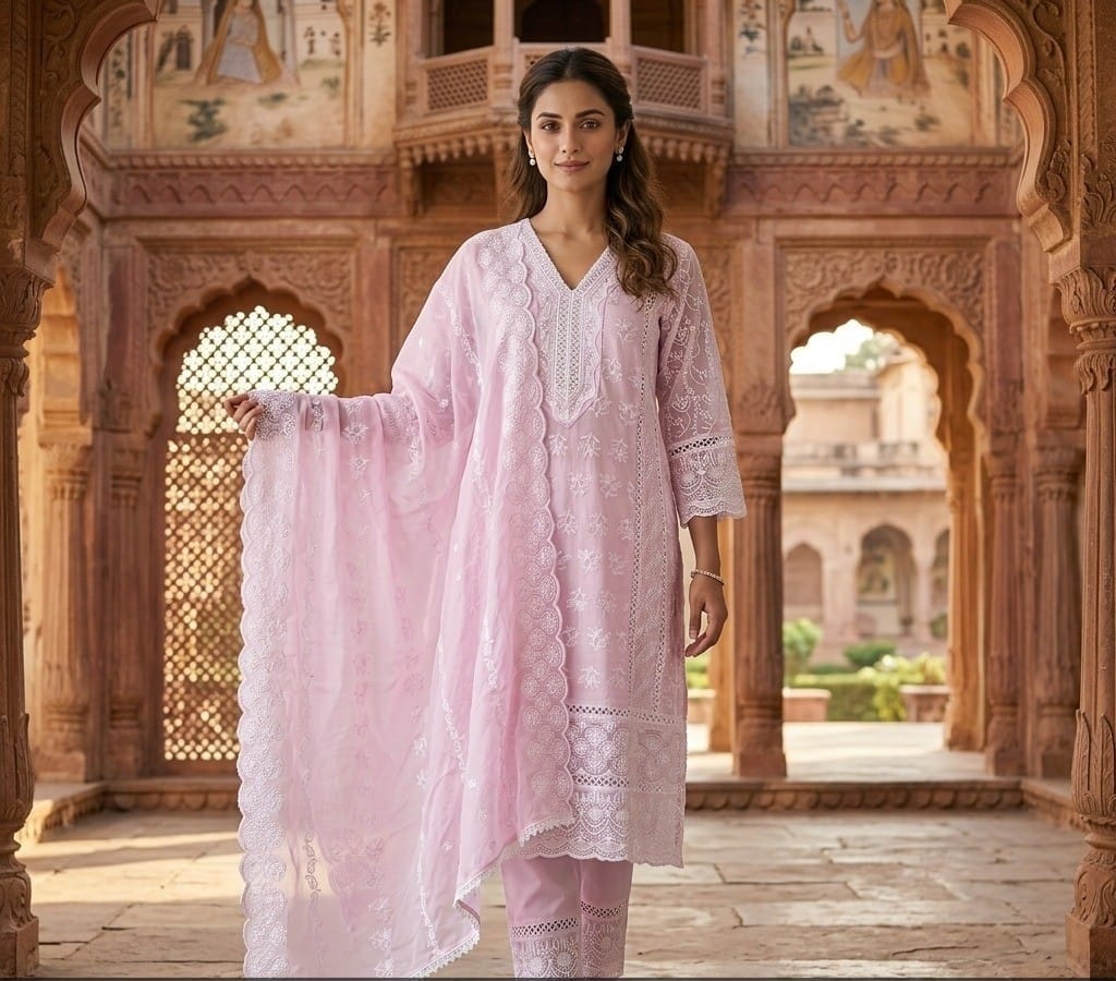 Full chikankari with mul lining three piece set (B872)