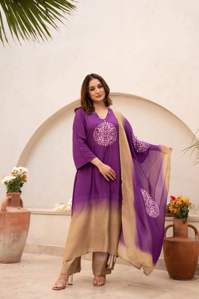 Purple Pure mul silk shaded suit with real mirror work (A426)