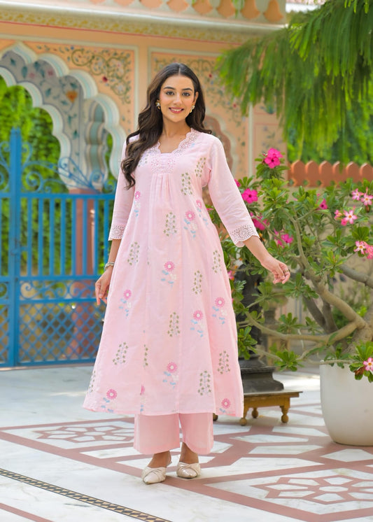 Mul cotton with embroidery A line two pockets smart two piece cordset (B876)
