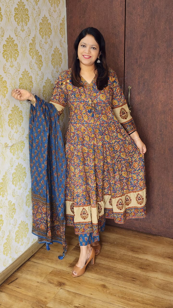 Blue cotton kalamkari flared three piece set (A416)