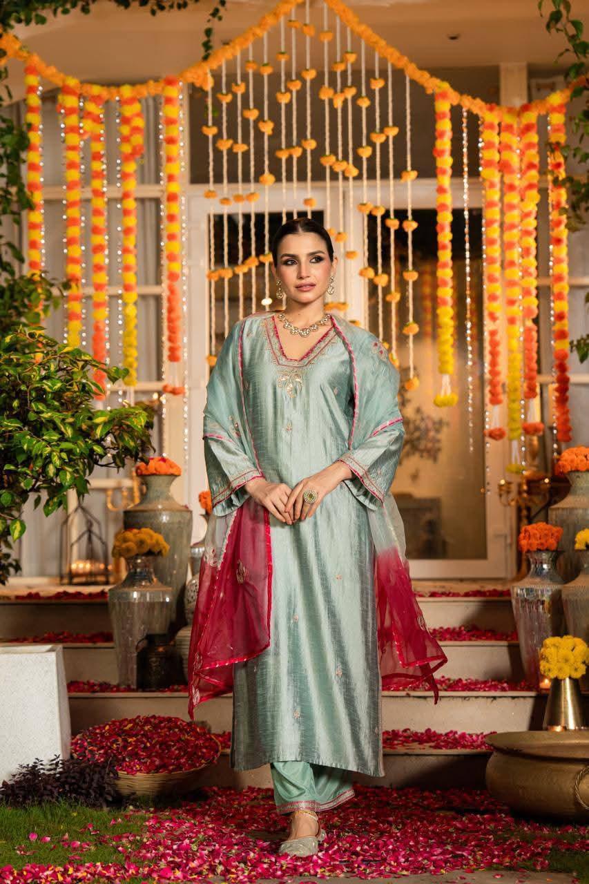 Blue pure dola silk three piece set (A1097)