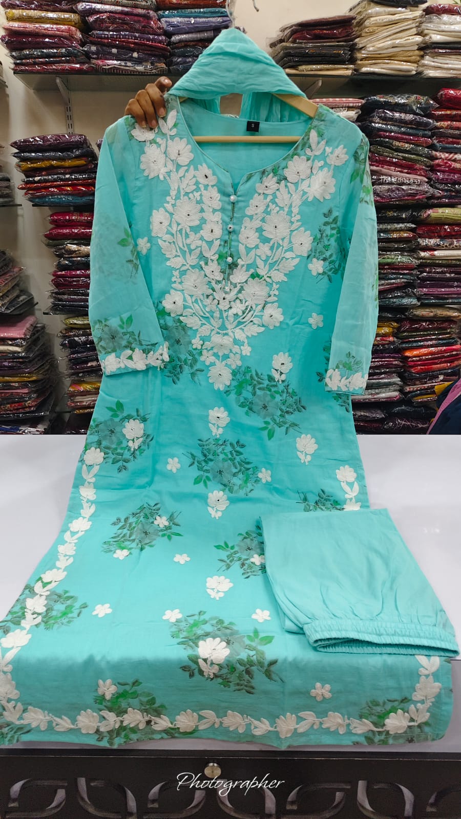 Mul cotton with lining full chikankari three piece set (C349)