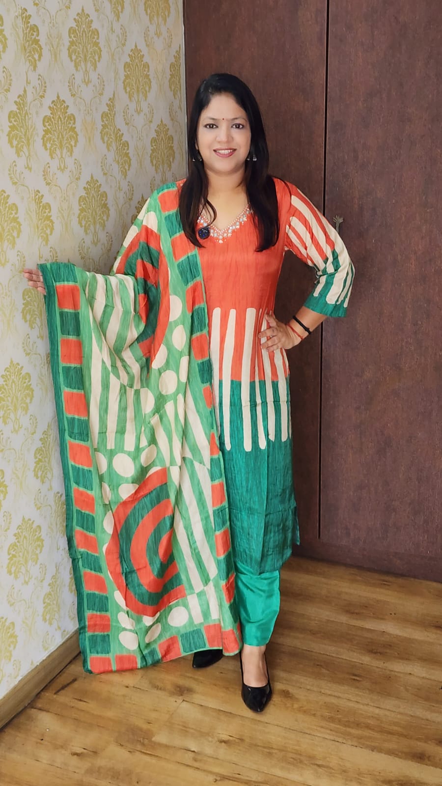 Orange with green pure mul silk three piece set (A917)